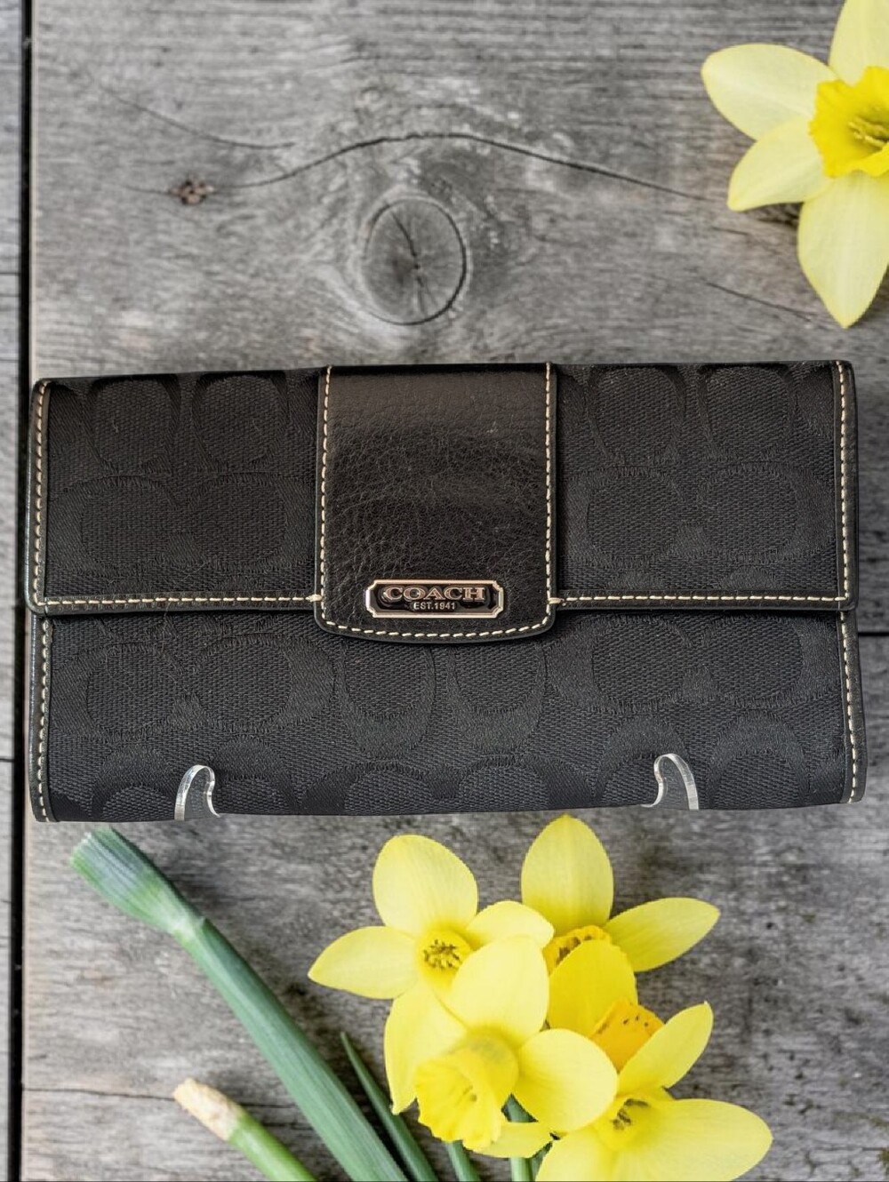 Coach Black Signature Trifold Wallet with Snap Flap Closure